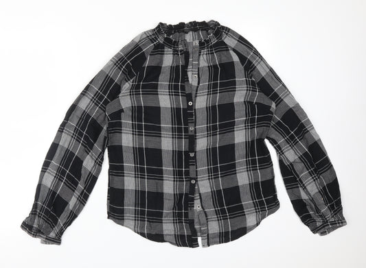 Front view of Next women’s multicoloured plaid cotton basic button-up, size UK 10, round neck