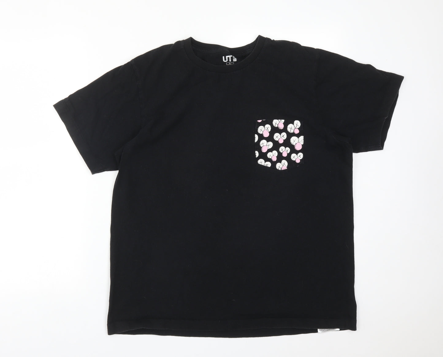 UNI QLO Mens Black  Cotton  T-Shirt Size L Round Neck