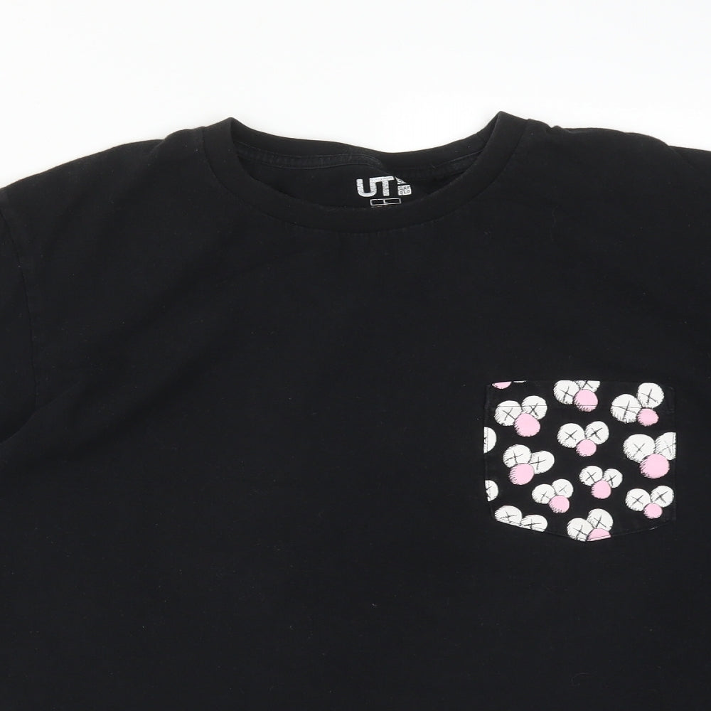UNI QLO Mens Black  Cotton  T-Shirt Size L Round Neck