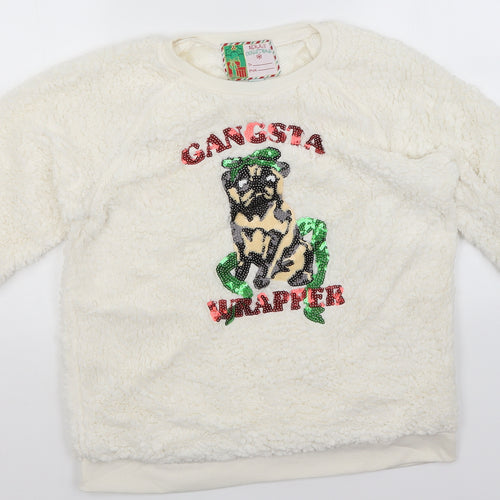 Preworn Mens White Round Neck  Cotton Pullover Jumper Size L   - Gangsta Wrapper, Christmas