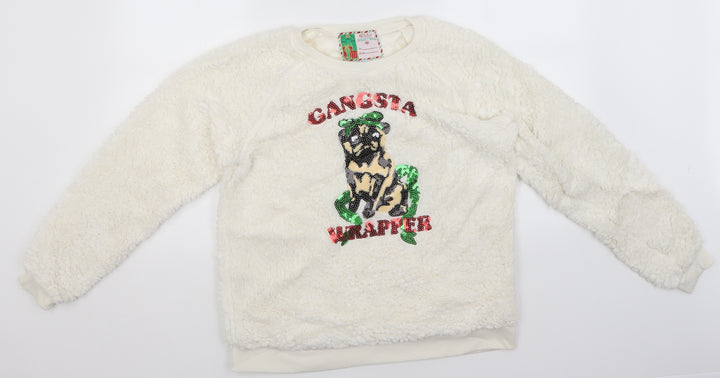 Preworn Mens White Round Neck  Cotton Pullover Jumper Size L   - Gangsta Wrapper, Christmas