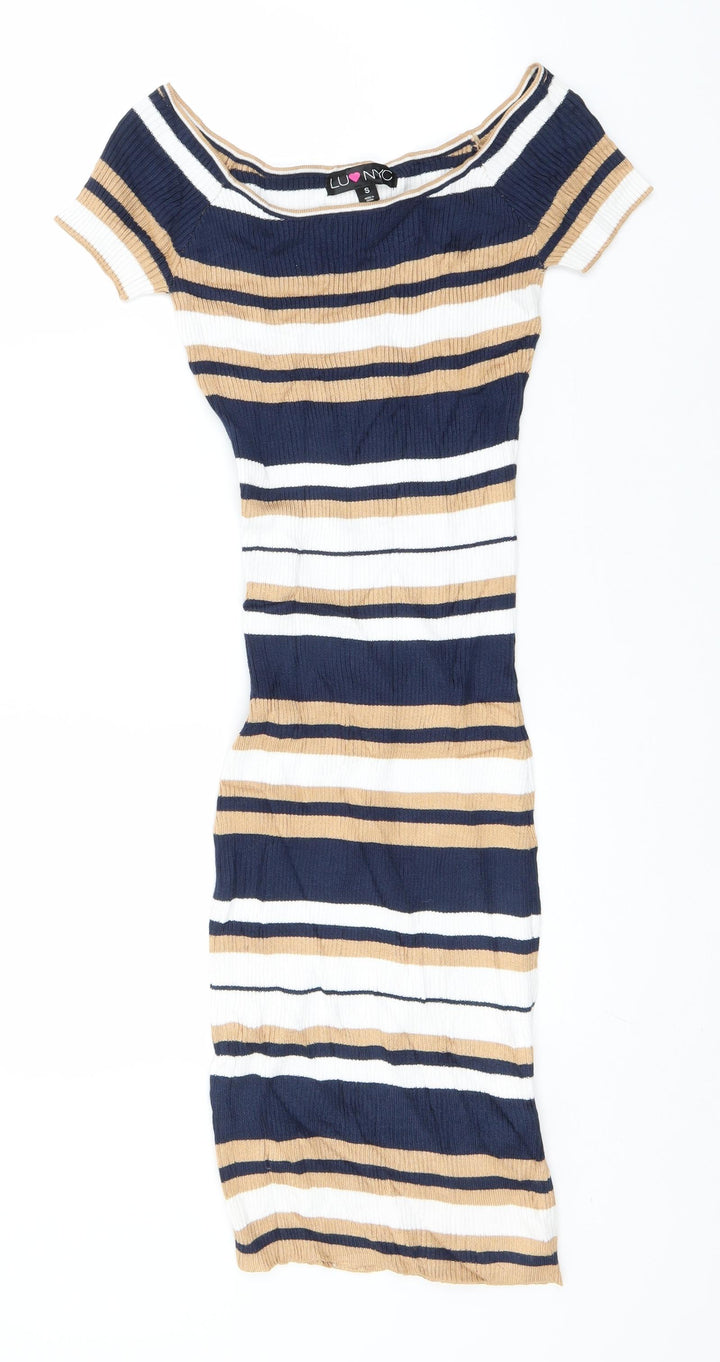 Preworn Womens Blue Striped Viscose Pencil Dress  Size S  Round Neck