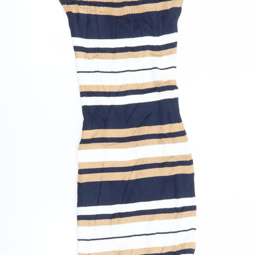 Preworn Womens Blue Striped Viscose Pencil Dress  Size S  Round Neck