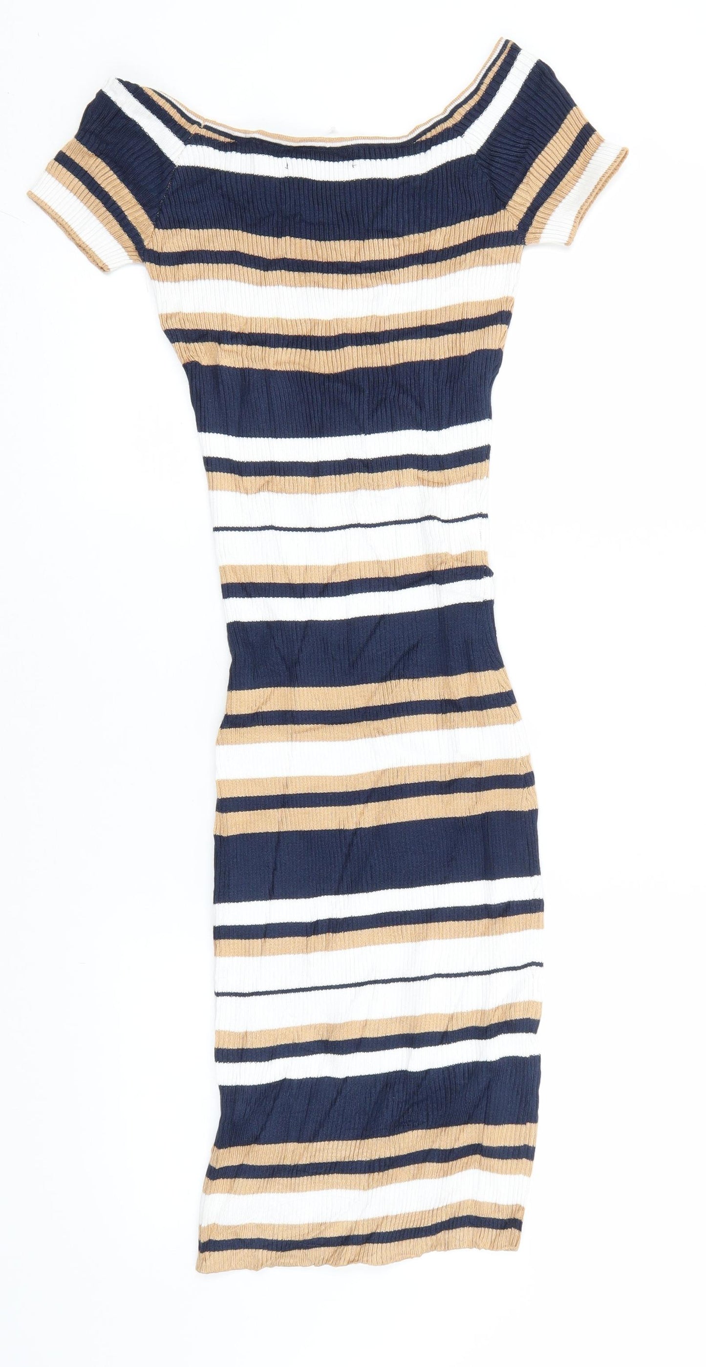 Preworn Womens Blue Striped Viscose Pencil Dress  Size S  Round Neck