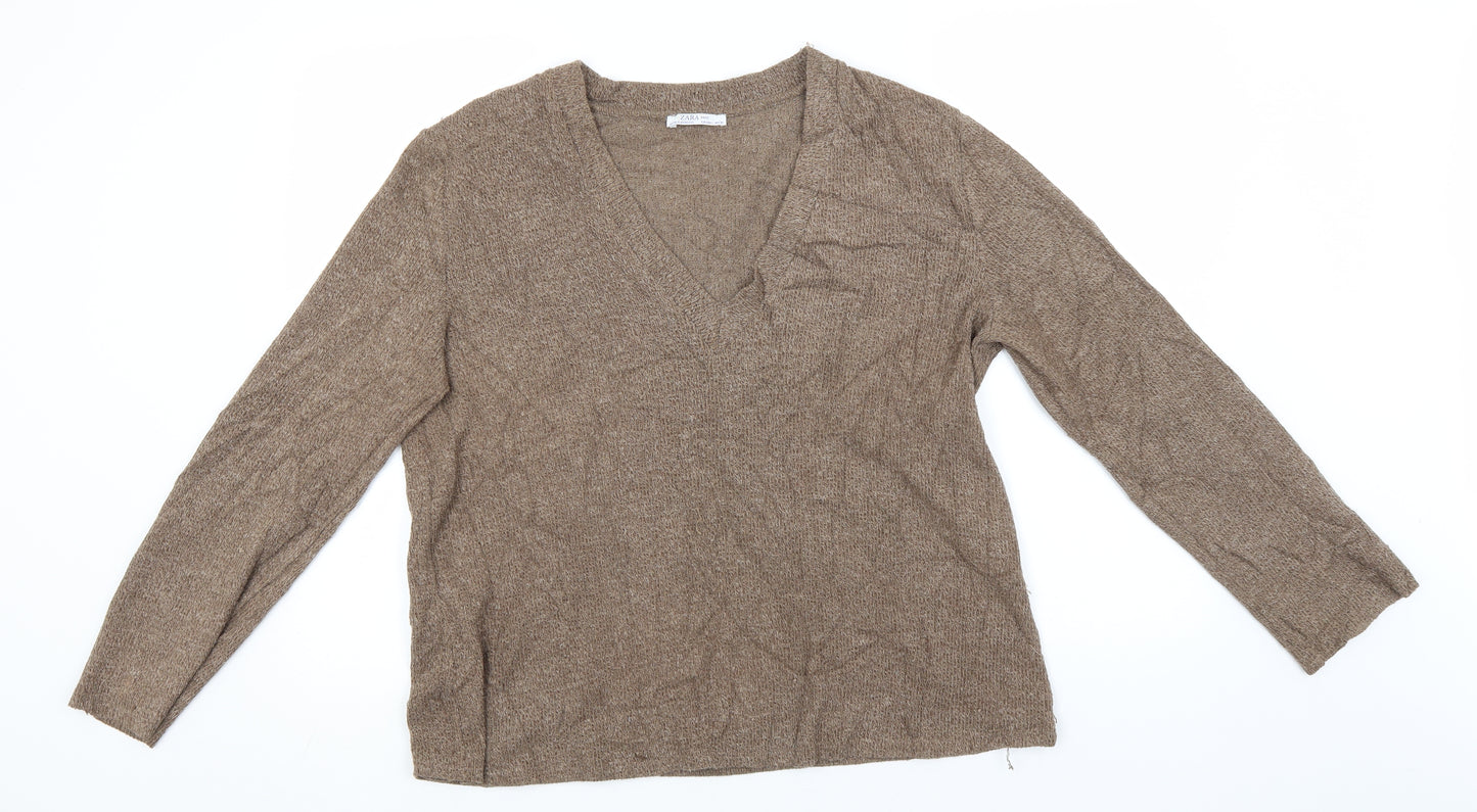 Zara Womens Brown V-Neck  Polyester Pullover Jumper Size L