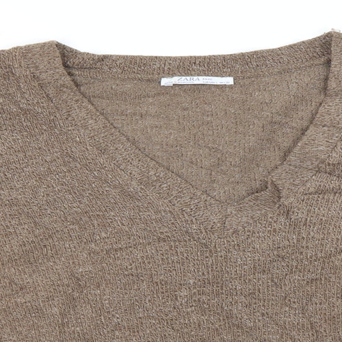 Zara Womens Brown V-Neck  Polyester Pullover Jumper Size L