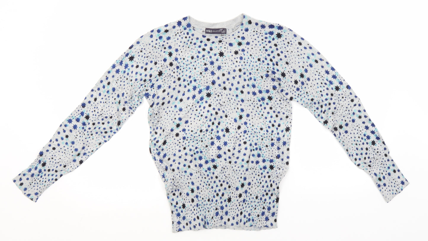 Marks and Spencer Womens Grey Round Neck Geometric Viscose Pullover Jumper Size 8