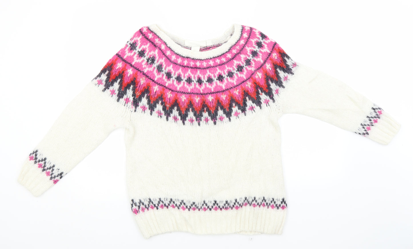 Preworn Womens Ivory Round Neck Geometric Acrylic Pullover Jumper Size M