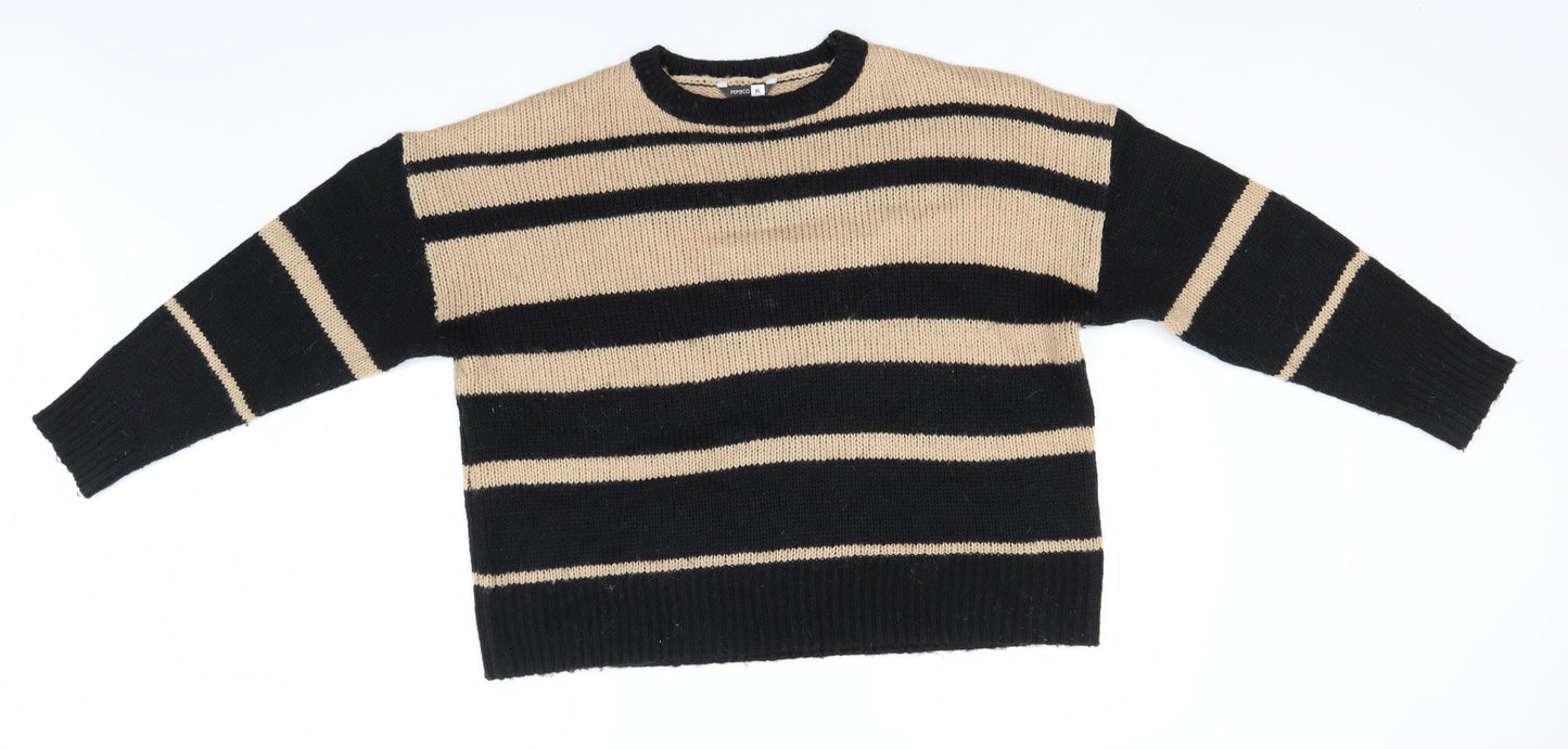 PEP&Co Mens Brown Round Neck Striped Acrylic Pullover Jumper Size XL
