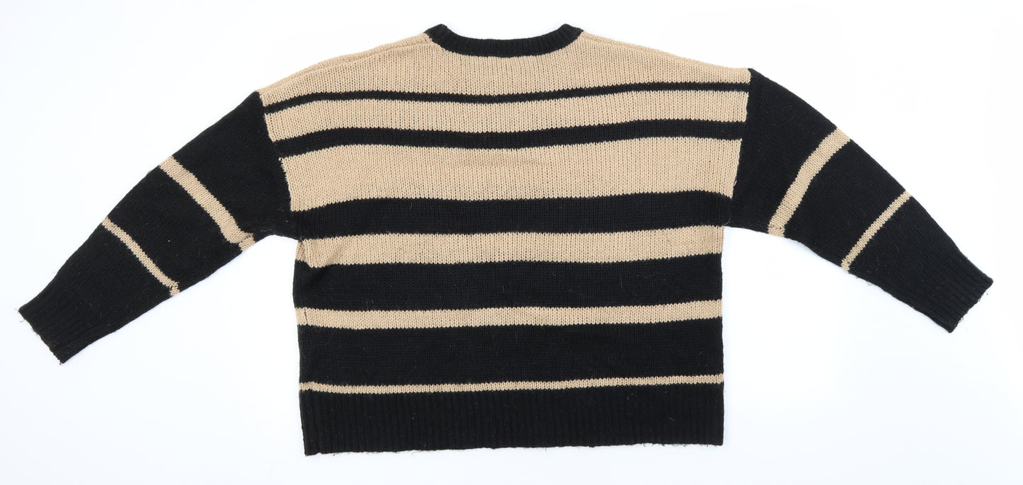 PEP&Co Mens Brown Round Neck Striped Acrylic Pullover Jumper Size XL