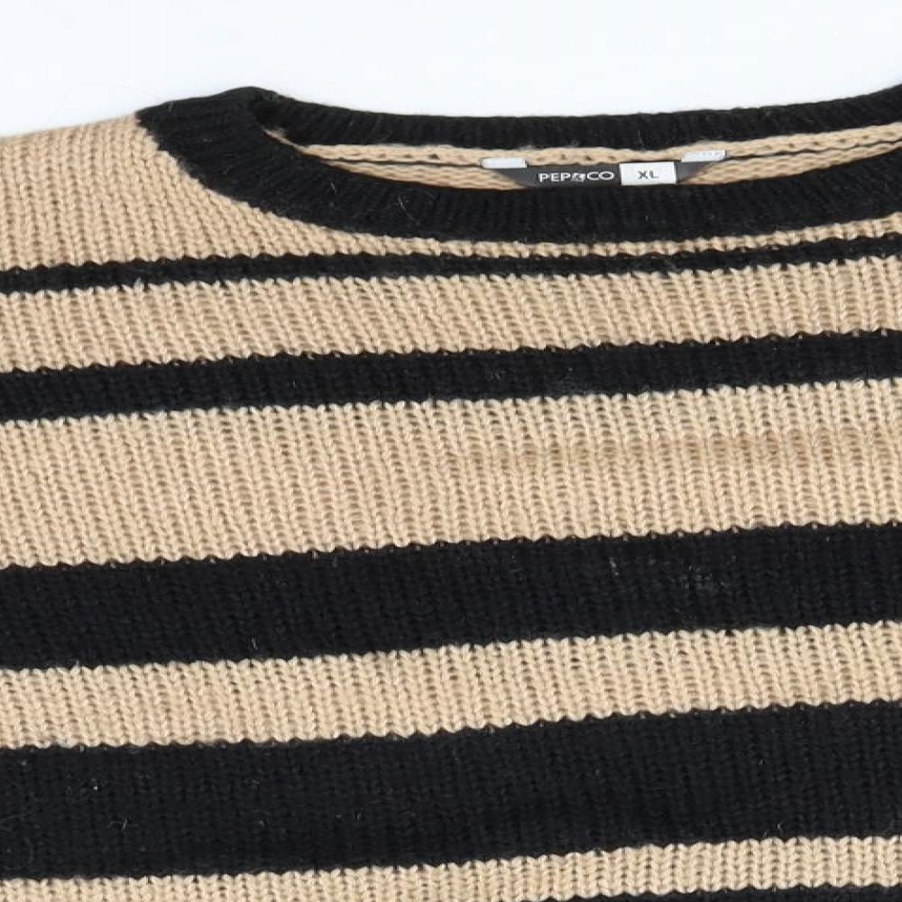 PEP&Co Mens Brown Round Neck Striped Acrylic Pullover Jumper Size XL