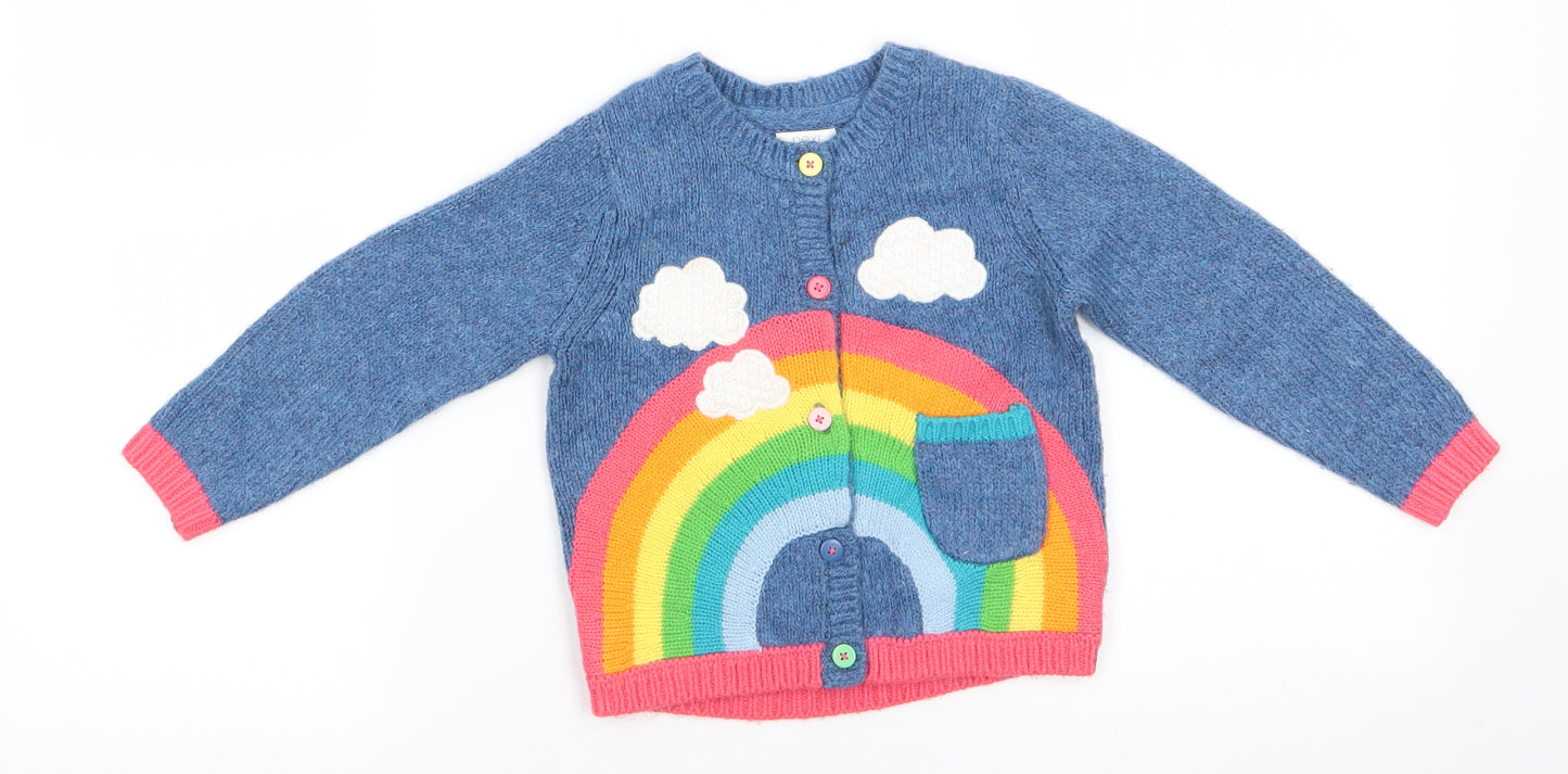 NEXT Girls Blue Round Neck  Acrylic Cardigan Jumper Size 2-3 Years   - Clouds Rainbow Multi coloured button