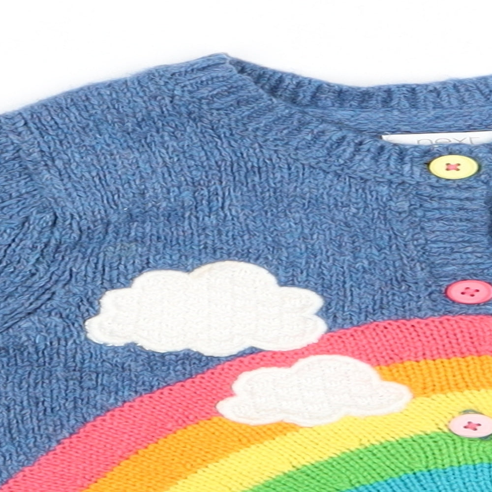 NEXT Girls Blue Round Neck  Acrylic Cardigan Jumper Size 2-3 Years   - Clouds Rainbow Multi coloured button