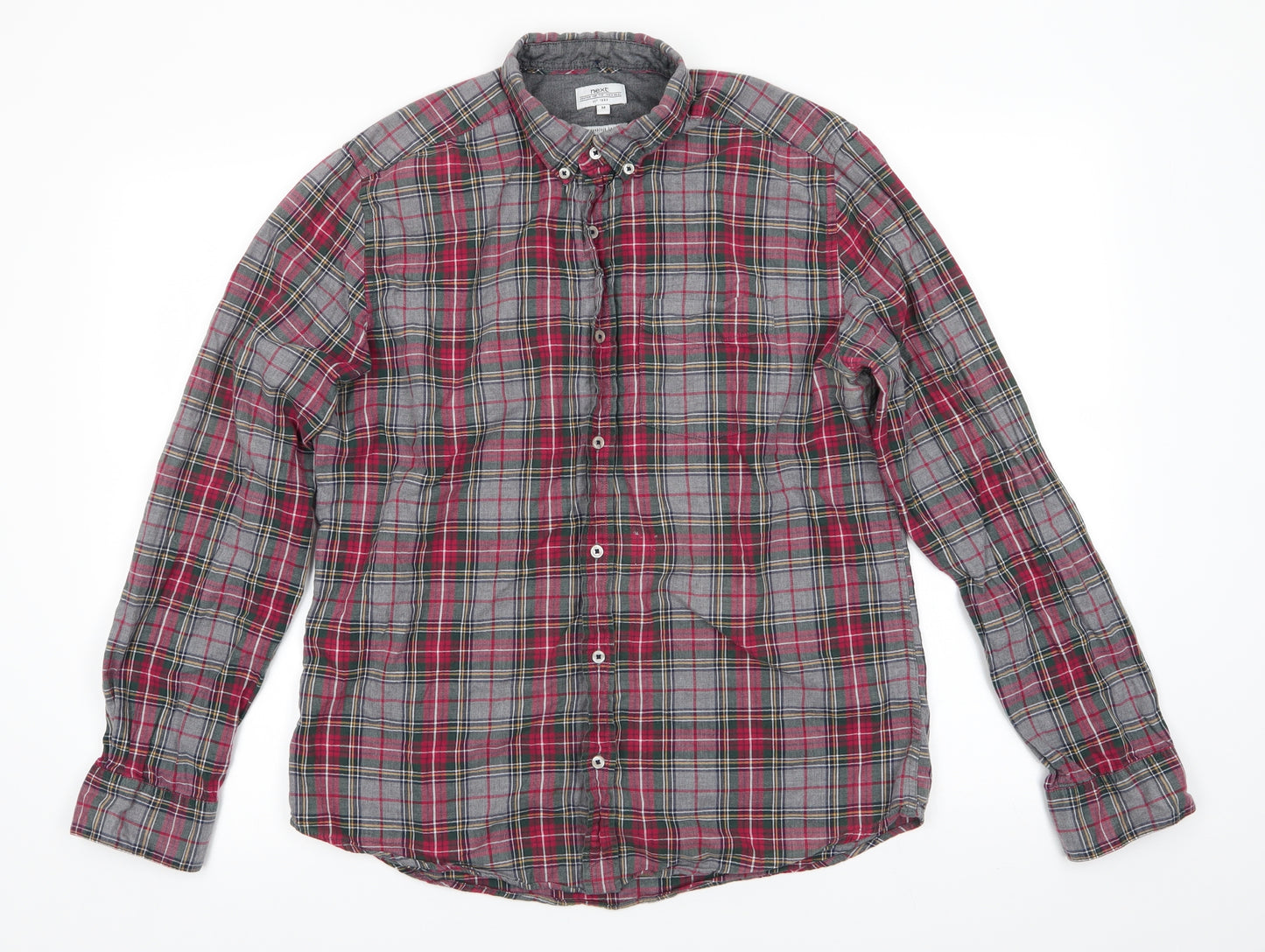 NEXT Mens Grey Check Cotton  Button-Up Size M Collared  - Soft texture Green Grey Red Yellow Blue White check