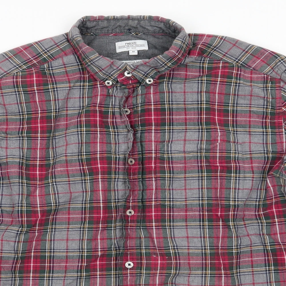 NEXT Mens Grey Check Cotton  Button-Up Size M Collared  - Soft texture Green Grey Red Yellow Blue White check