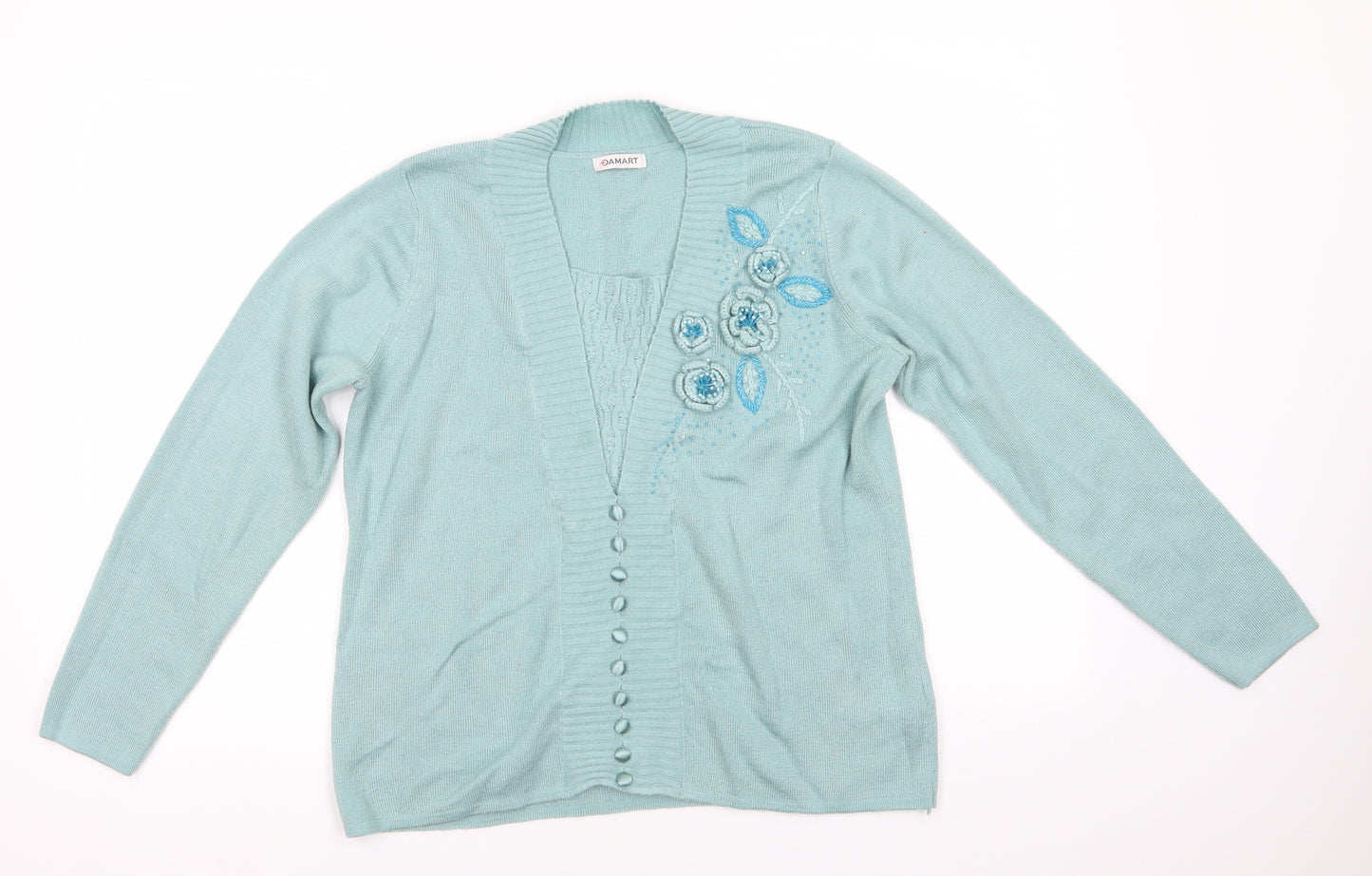 Damart Womens Blue V-Neck Floral Acrylic Cardigan Jumper Size 14   - 3D Flowers