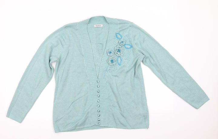 Damart Womens Blue V-Neck Floral Acrylic Cardigan Jumper Size 14   - 3D Flowers