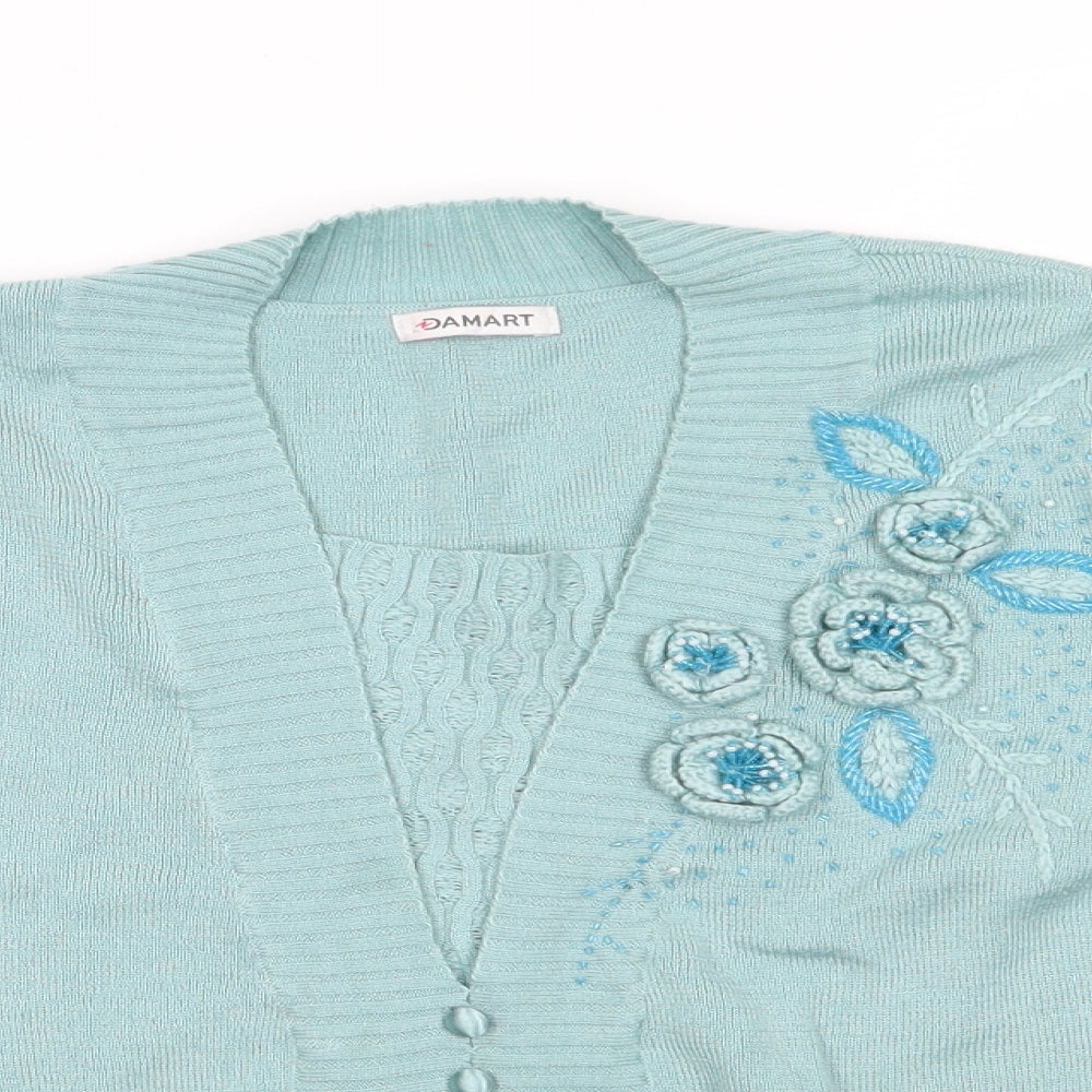 Damart Womens Blue V-Neck Floral Acrylic Cardigan Jumper Size 14   - 3D Flowers