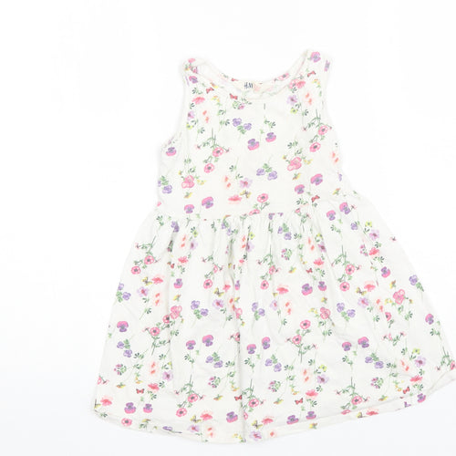 H&M Girls White Floral Cotton Shift  Size 4-5 Years  Round Neck