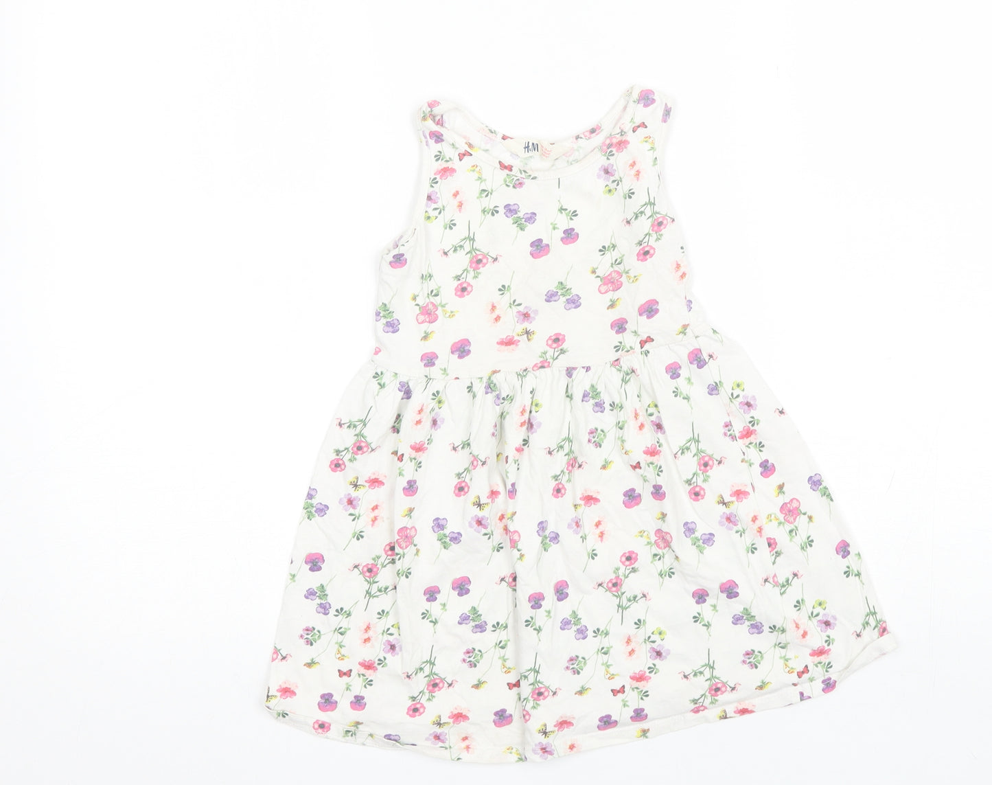 H&M Girls White Floral Cotton Shift  Size 4-5 Years  Round Neck