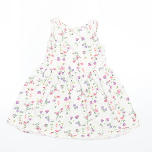 H&M Girls White Floral Cotton Shift  Size 4-5 Years  Round Neck