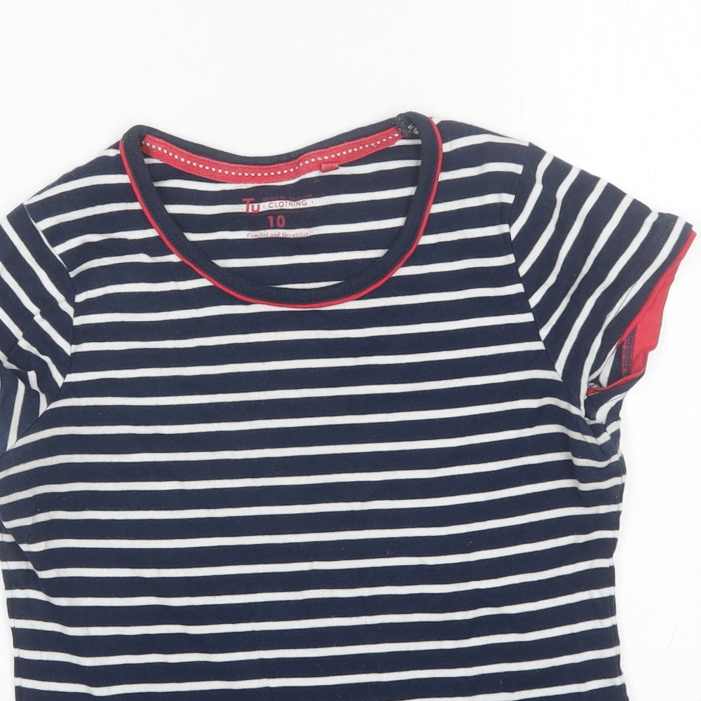 TU Womens Blue Striped Cotton Basic T-Shirt Size 10 Round Neck