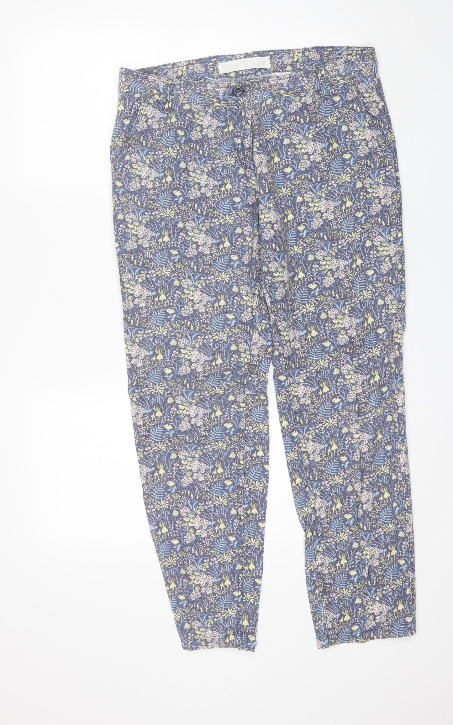 NEXT Womens Blue Floral Linen Chino Trousers Size 12 L28 in Regular