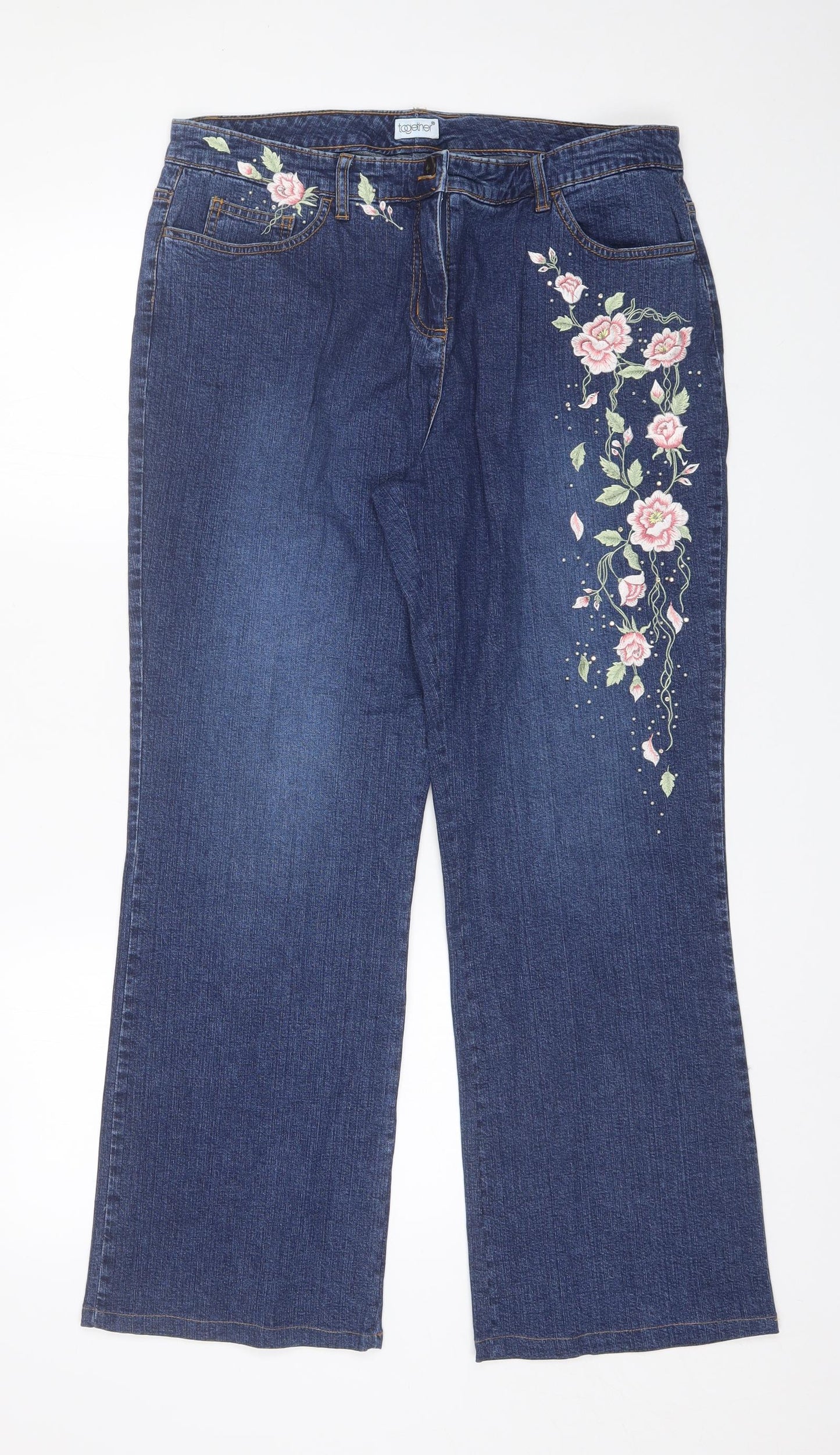 Together Womens Blue Floral Cotton Straight Jeans Size 16 L29 in Regular