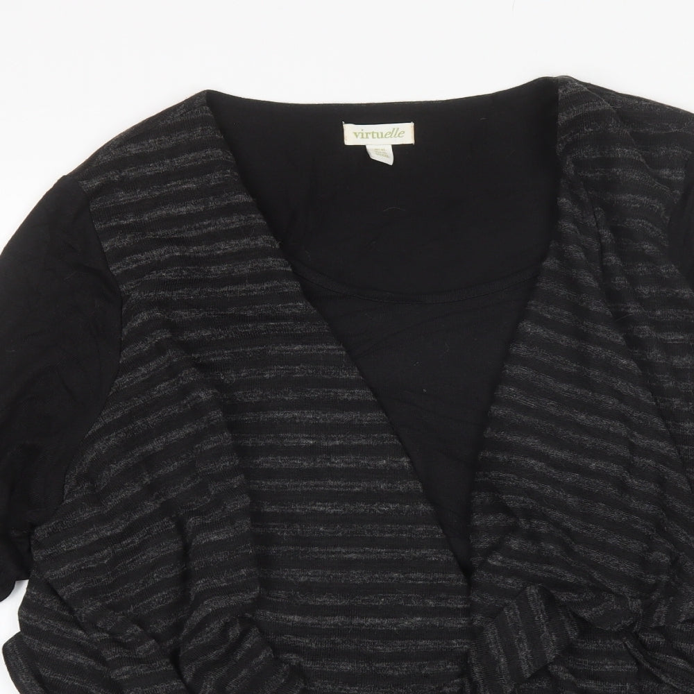 Virtuelle Womens Black V-Neck Striped Polyester Pullover Jumper Size XL