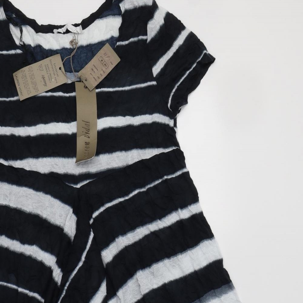 LAUREN VIDAL Womens Blue Striped Viscose Fit & Flare  Size M  Round Neck