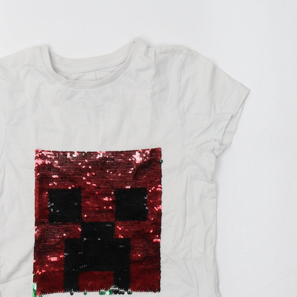 Primark Girls White  Cotton Basic T-Shirt Size 11-12 Years Crew Neck  - Minecraft