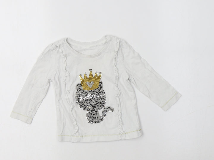 Matalan Baby White Cotton Basic T-Shirt Size 9-12 Months Crew Neck - Cat