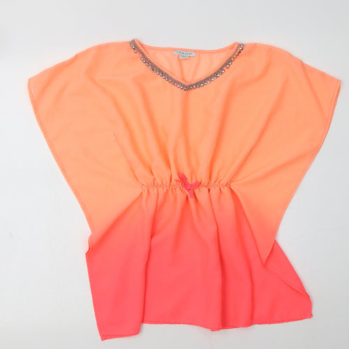 Primark Girls Orange  Polyester Tunic Blouse Size 8-9 Years V-Neck  - Embellished Collar