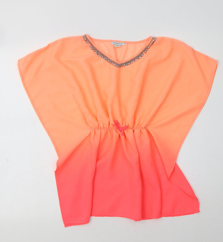 Primark Girls Orange Polyester Tunic Blouse Size 8-9 Years V-Neck - Embellished Collar
