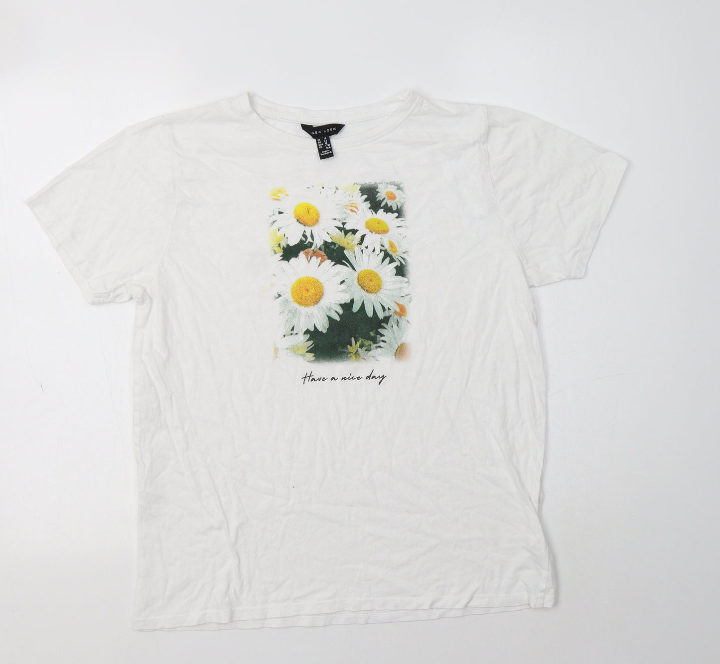 New Look Womens White  Cotton Basic T-Shirt Size 14 Crew Neck