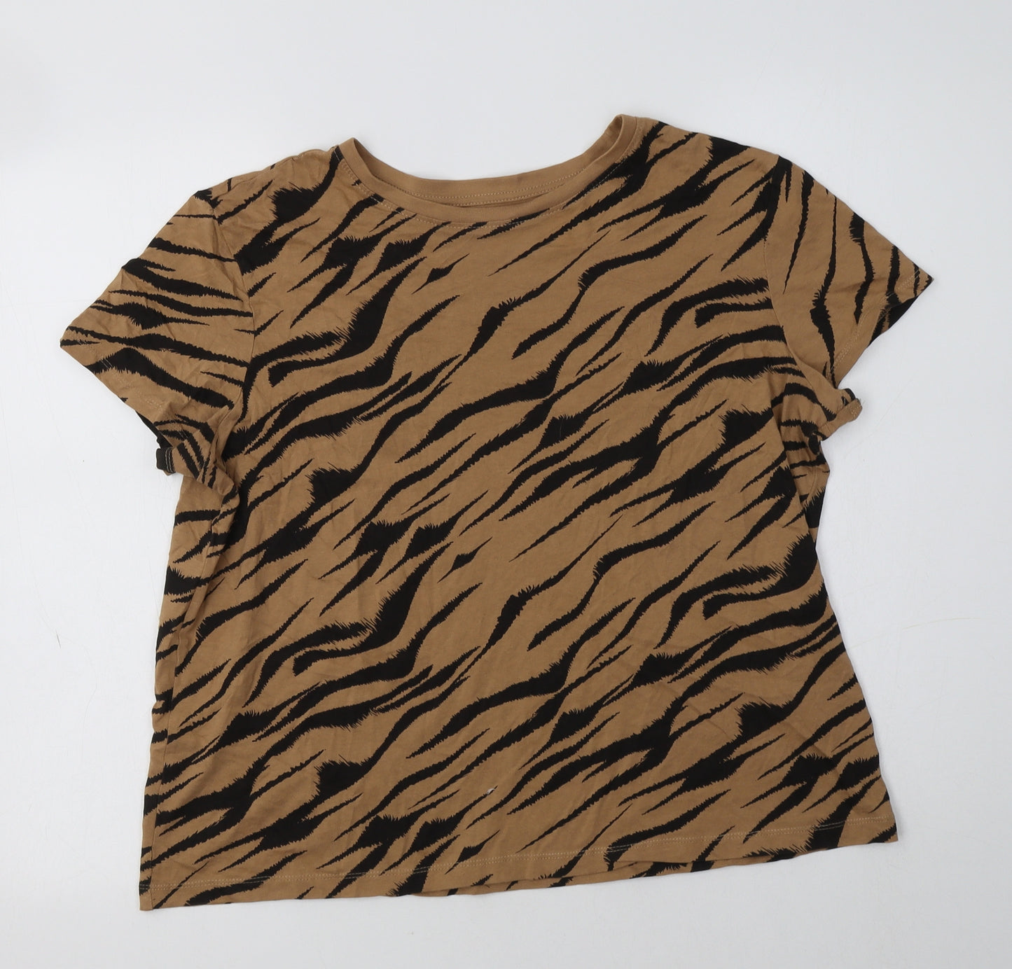 Primaek Womens Beige Animal Print Cotton Basic T-Shirt Size L Crew Neck