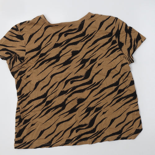Primaek Womens Beige Animal Print Cotton Basic T-Shirt Size L Crew Neck