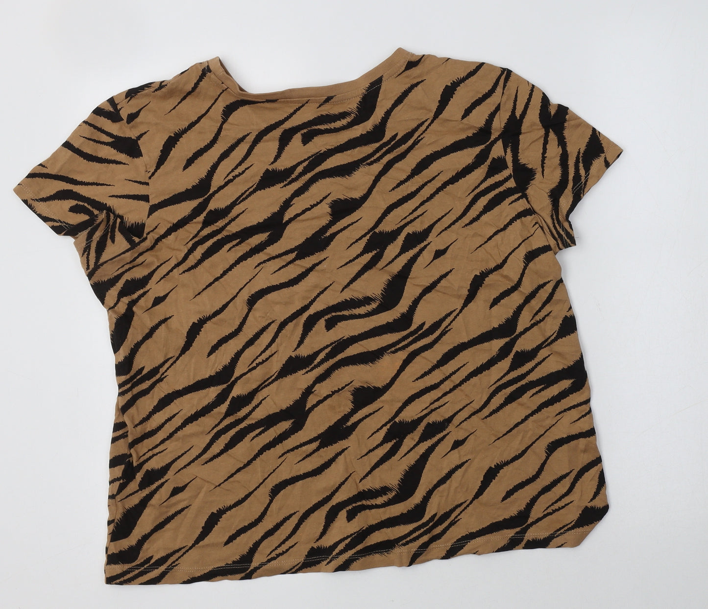 Primaek Womens Beige Animal Print Cotton Basic T-Shirt Size L Crew Neck