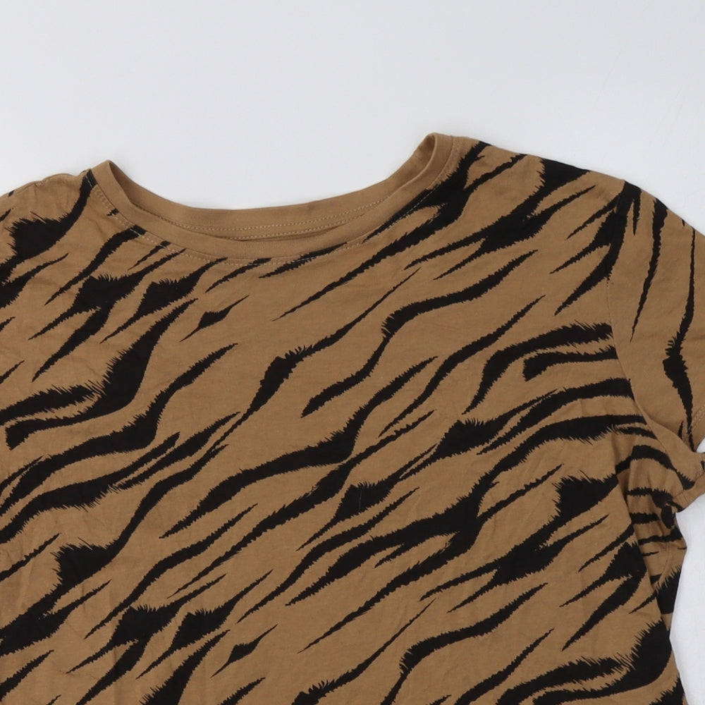 Primaek Womens Beige Animal Print Cotton Basic T-Shirt Size L Crew Neck