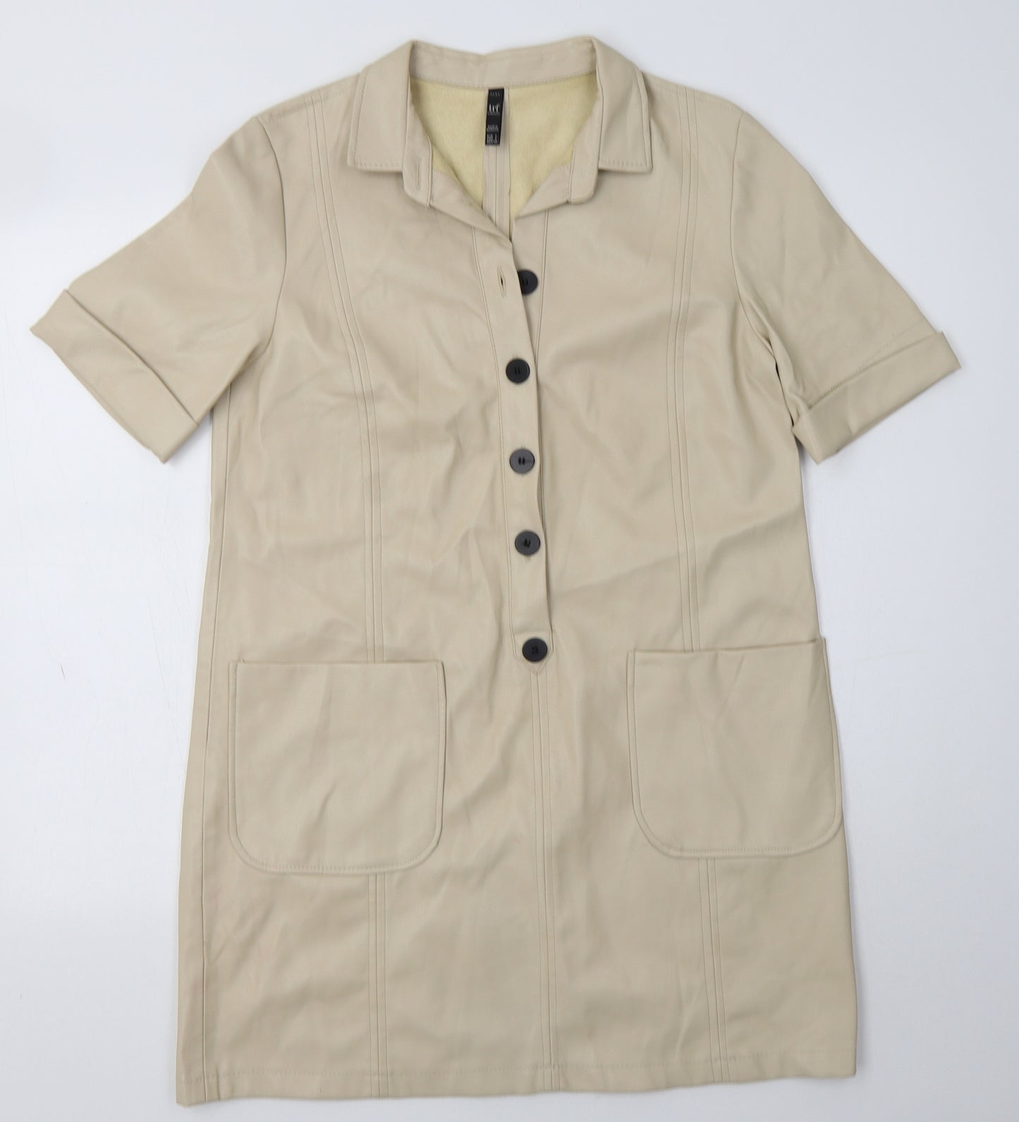 Zara Womens Beige  Polyester Shirt Dress  Size L  Collared  - Faux Leather