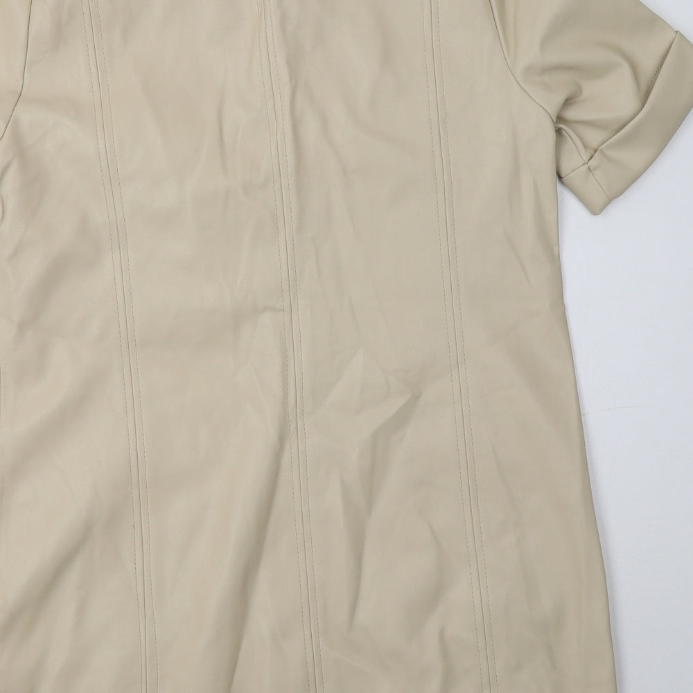 Zara Womens Beige  Polyester Shirt Dress  Size L  Collared  - Faux Leather