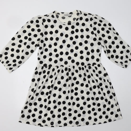 Stradivarius Womens White Polka Dot Polyester Fit & Flare  Size L  Collared