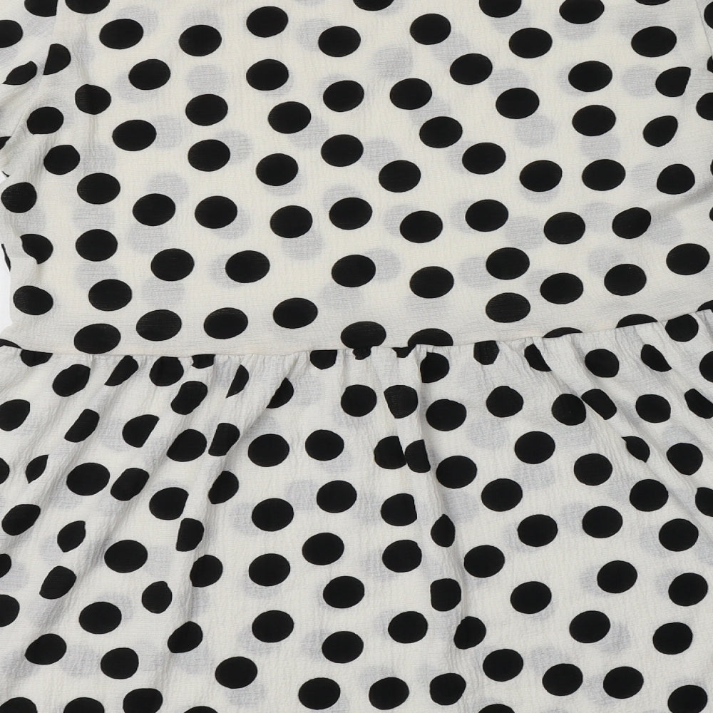Stradivarius Womens White Polka Dot Polyester Fit & Flare  Size L  Collared