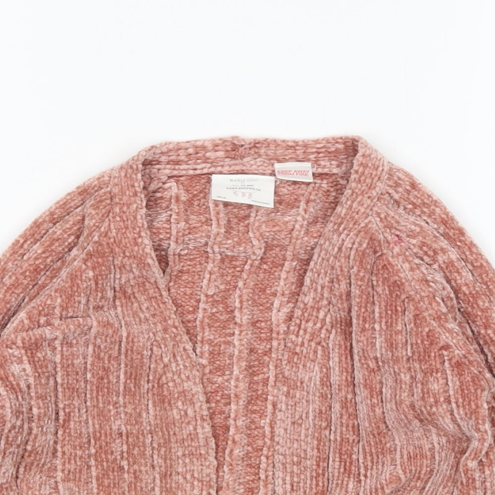 Zara Girls Pink V-Neck  Polyester Cardigan Jumper Size 3-4 Years
