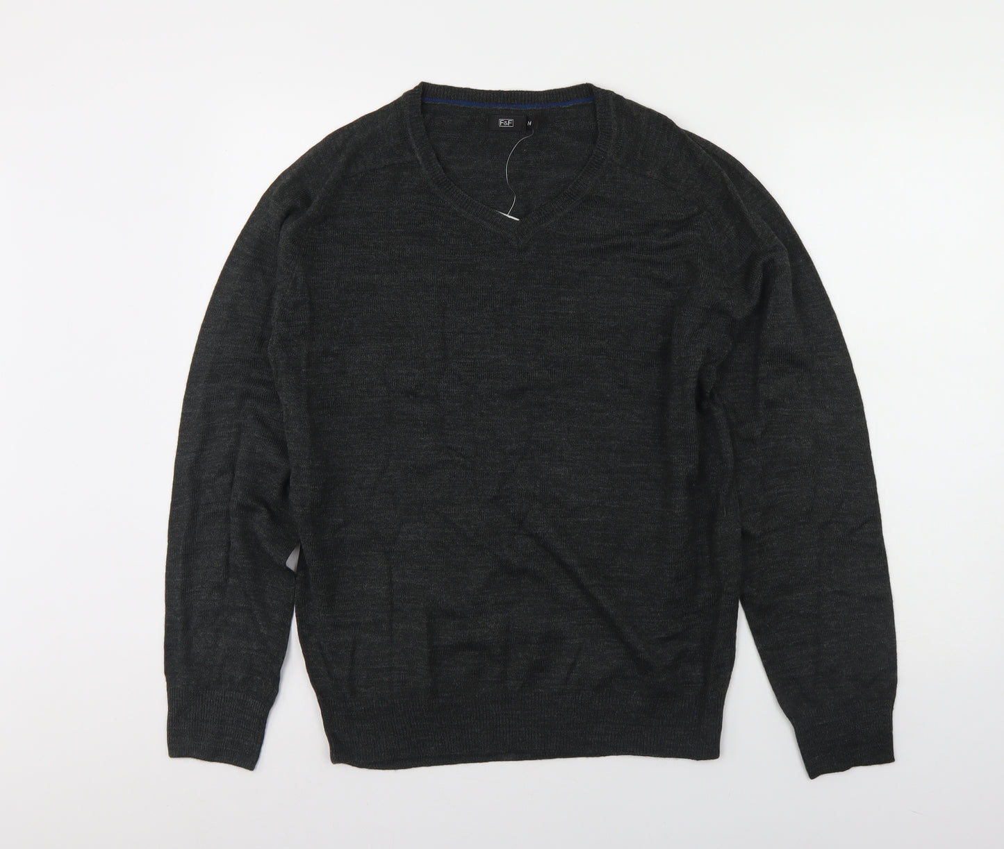 F&F Mens Grey V-Neck  Acrylic Pullover Jumper Size M