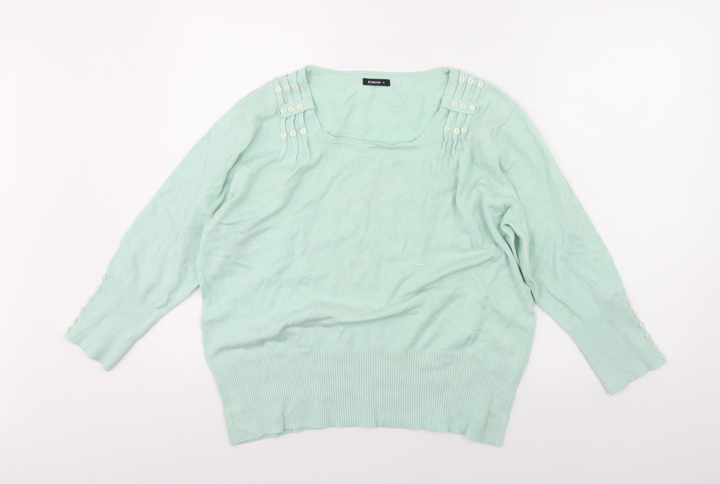 Roman Womens Green Square Neck  Viscose Pullover Jumper Size 18