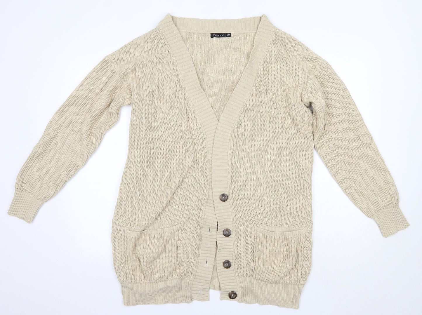 Boohoo Womens Beige V-Neck  Acrylic Cardigan Jumper Size S