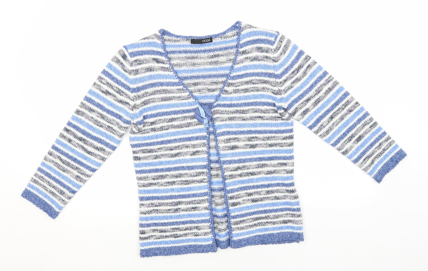 Moda Womens Blue V-Neck Striped Acrylic Cardigan Jumper Size 8