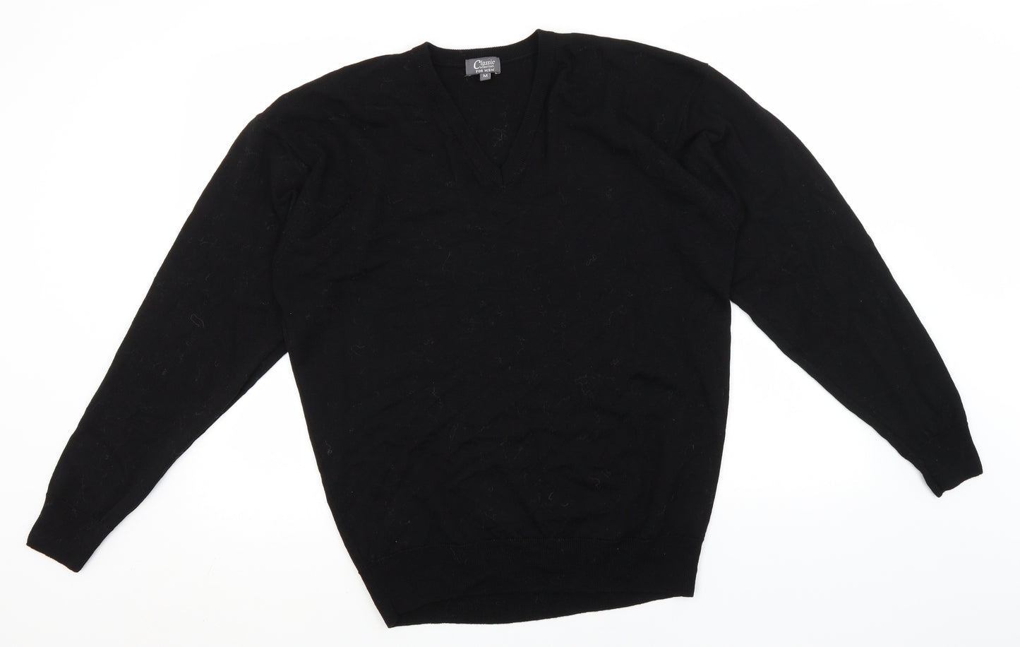 Classic Collection Mens Black V-Neck  Wool Pullover Jumper Size M