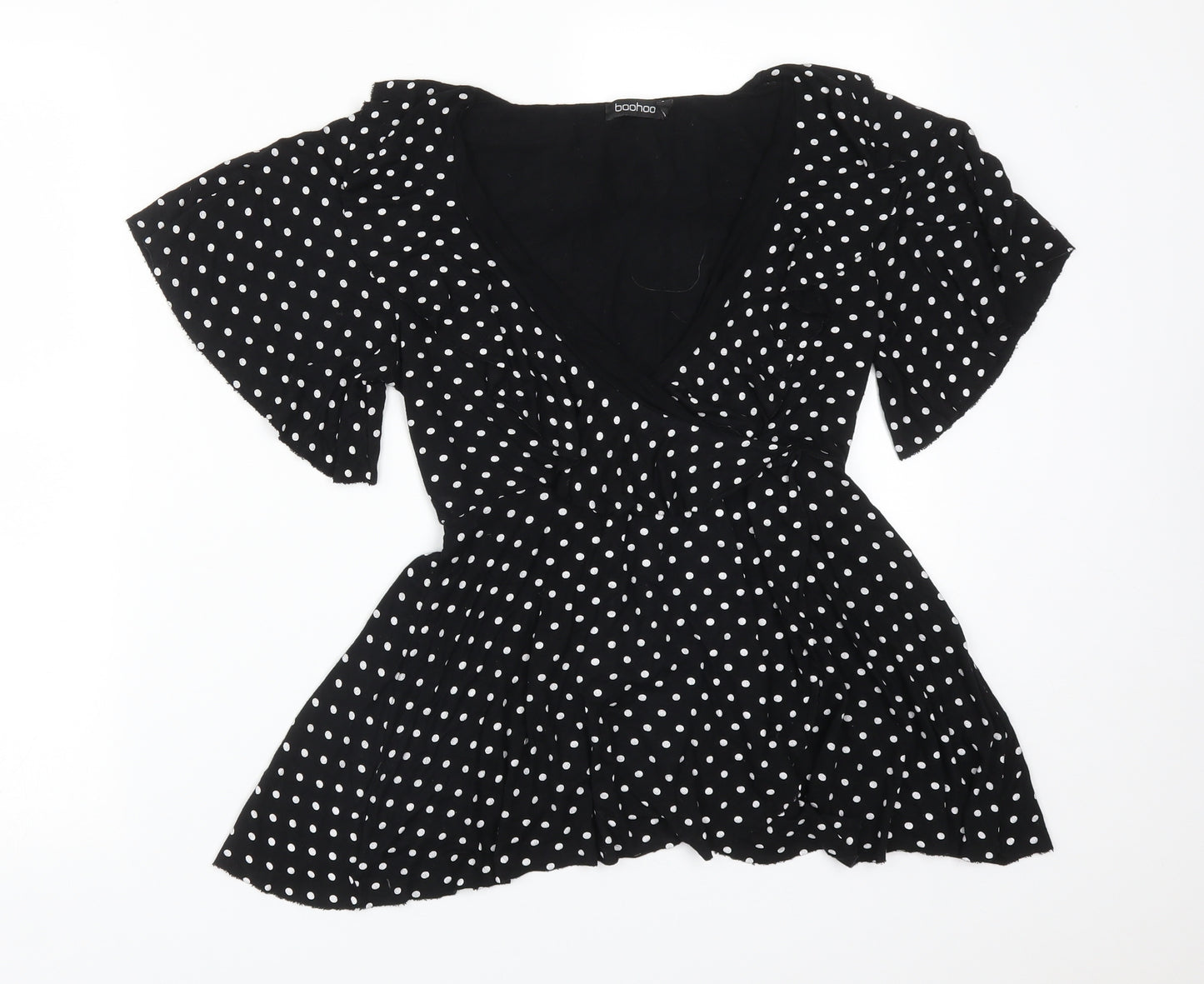 Boohoo Womens Black Polka Dot Viscose Basic T-Shirt Size 10 V-Neck